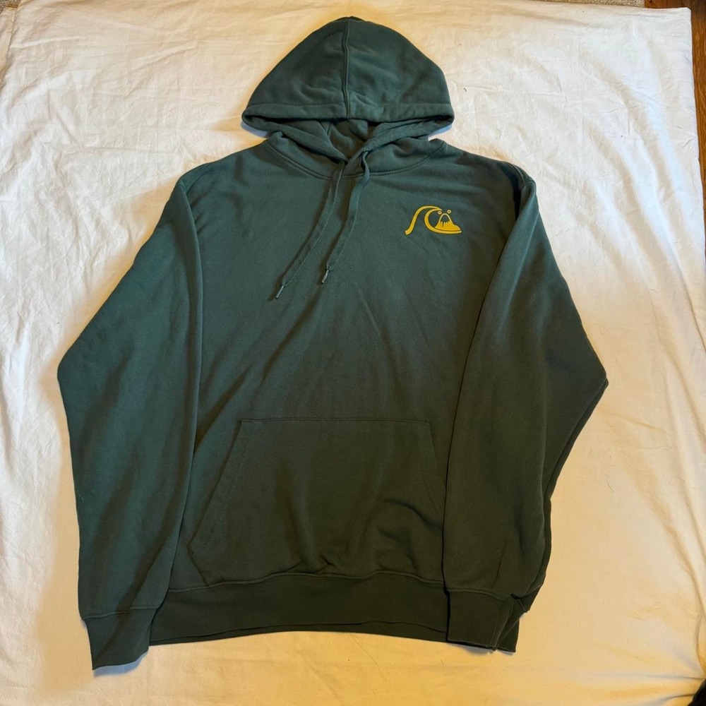 Quiksilver green cotton hoodie with yellow logo, size L